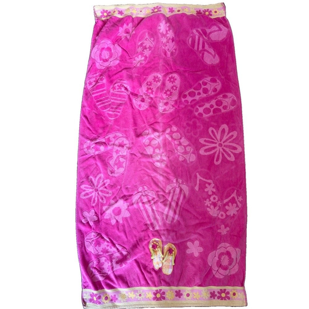 Vintage Y2K Flip Flop Beach Towel Pink Yellow With Trim Thick Towel